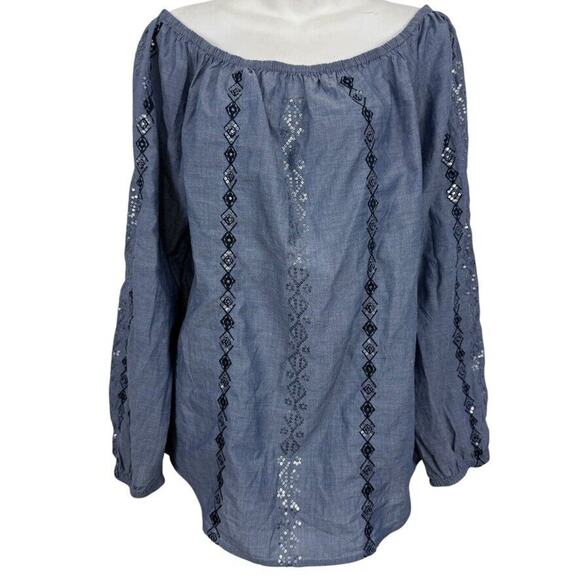 Chicos Womens Embellished Denim Chambray Embroidered Sequin Top Shirt Blue 2/ L - Picture 1 of 16